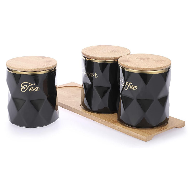 3pc Diamond Shaped Tea, Coffee, Sugar Canister Set | Black Ceramic Canisters with Bamboo Lids