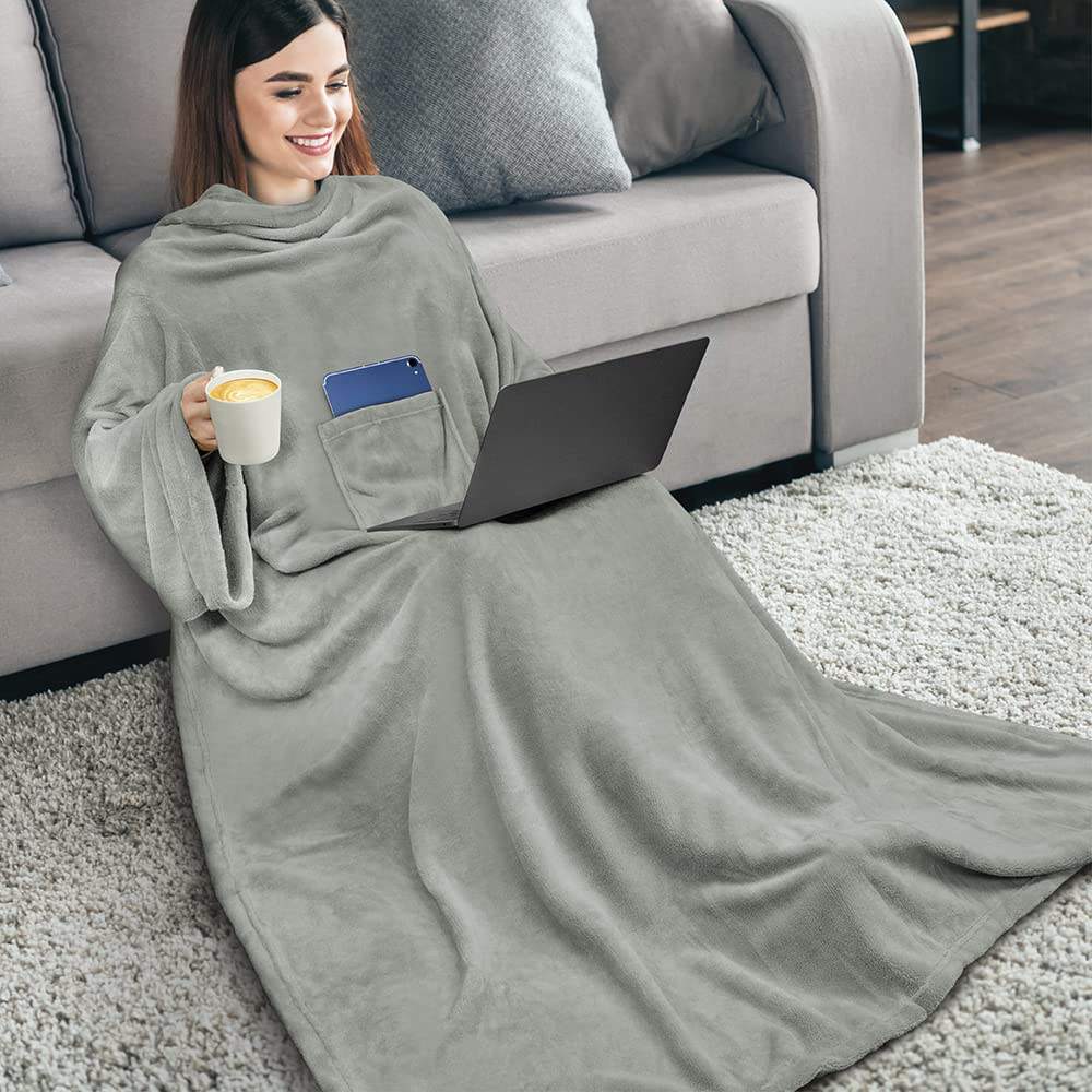 Premium Snuggie Fleece Blanket with Sleeves and Kangaroo Pocket | Super Soft Wearable Blanket | Multiple Colors