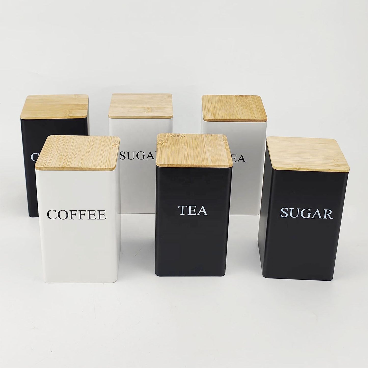 Alloy Canisters Set with Bamboo Holder | Tea, Coffee, Sugar Storage