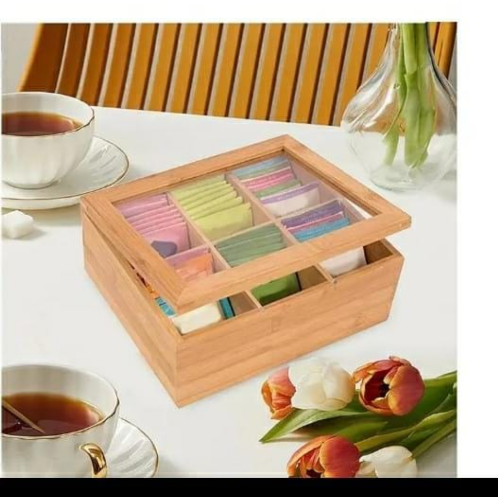 6 Slots Bamboo Tea Bags Organizer | EcoFriendly Design with Clear Hard Cover Top