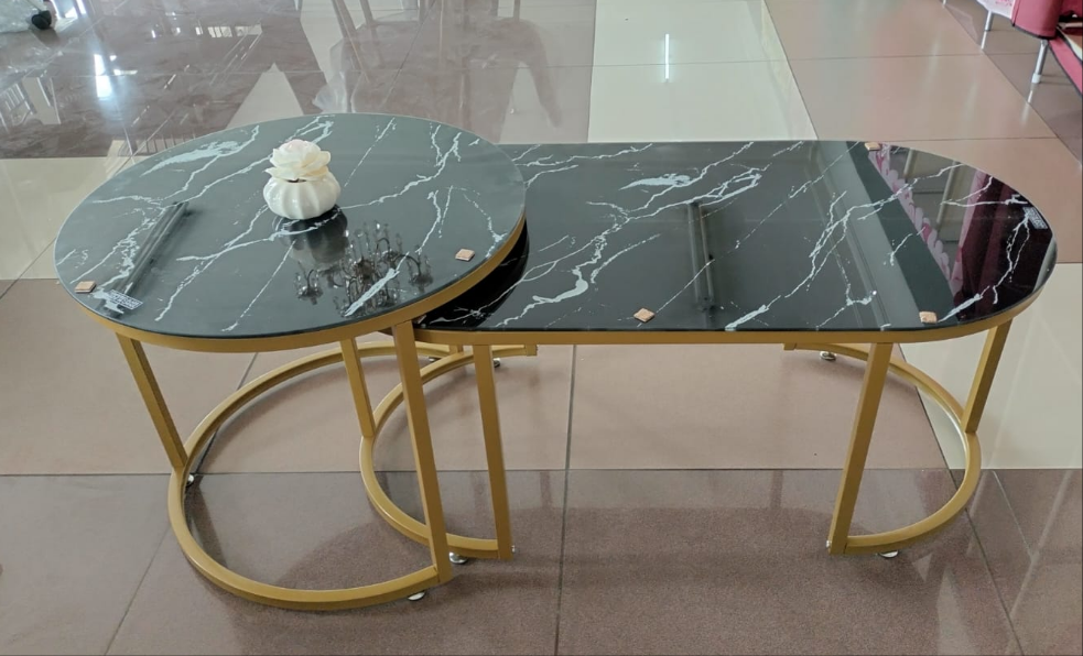 Tempered Glass Nesting Coffee Table Set Round and Curved Design (D: 70cm H: 43cm, L: 100cm H: 38cm)