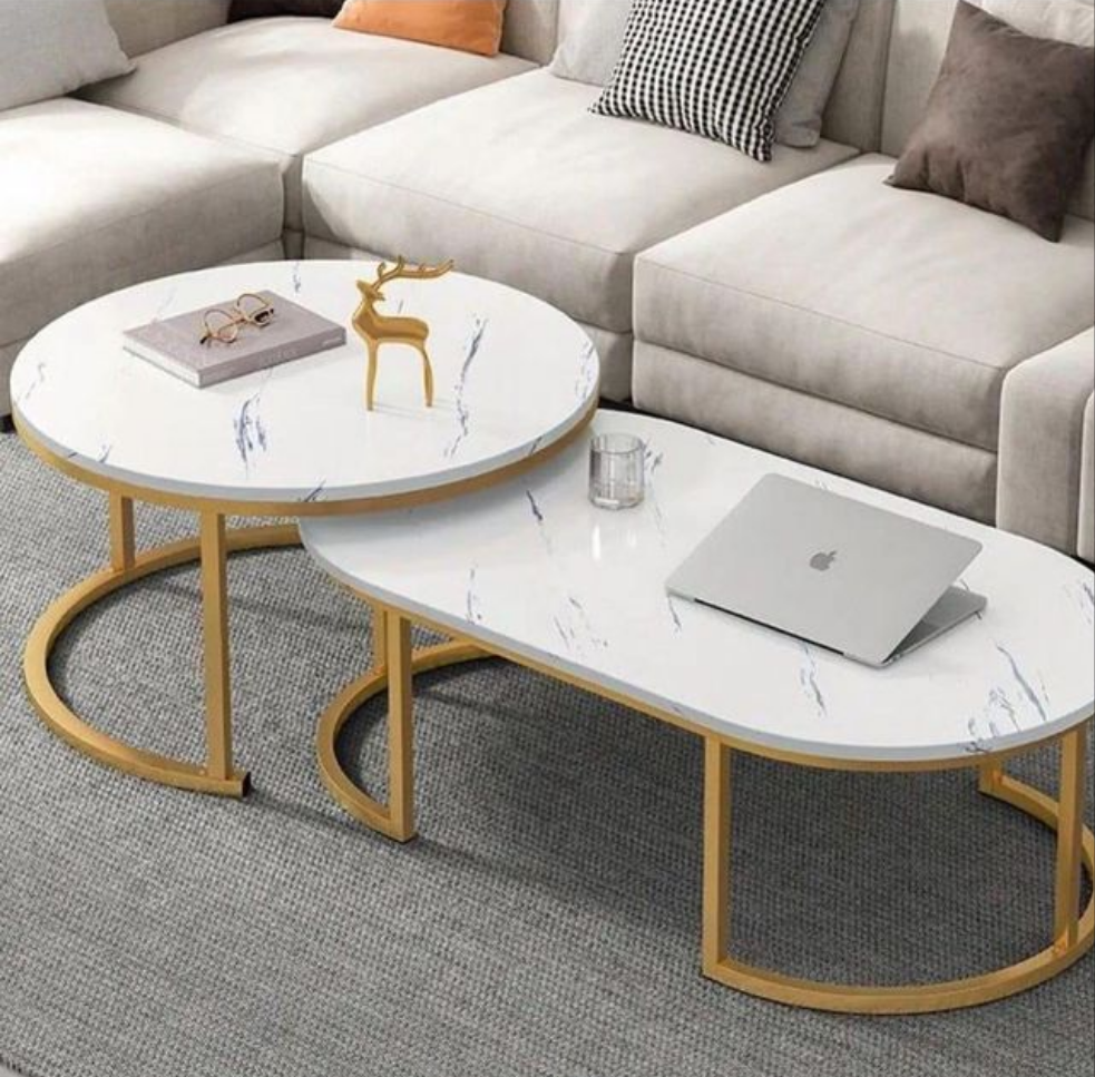 Tempered Glass Nesting Coffee Table Set Round and Curved Design (D: 70cm H: 43cm, L: 100cm H: 38cm)