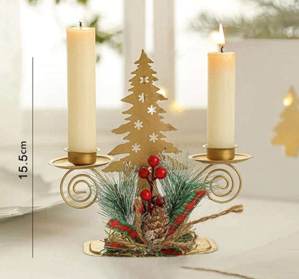 Christmas Candle Holder | Santa Claus & Elk Design | Golden Iron Candlestick