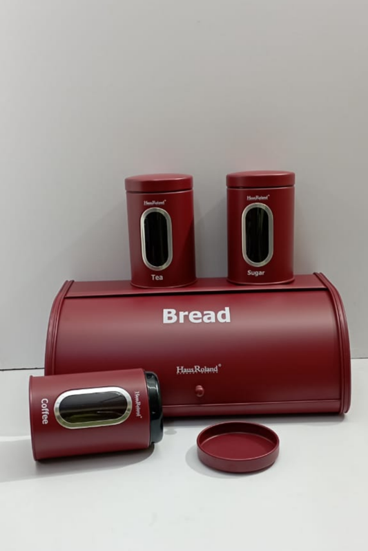 Bread Storage Bin with 3Piece Canister Set  Alloy Bread Box in Green or Maroon, Stylish Kitchen Storage