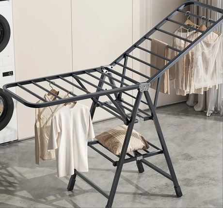 Furaha Finds Black Movable Outdoor Drying Rack 1.7M height, sturdy metal frame with wheels for easy mobility, foldable design for indoor and outdoor use.