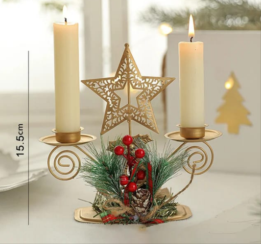 Christmas Candle Holder | Santa Claus & Elk Design | Golden Iron Candlestick