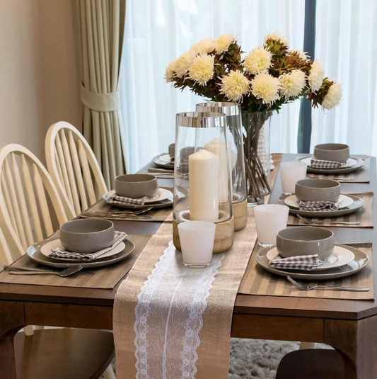 Farmhouse Table Runner with White Lace Rustic Vintage Style Decor, Romantic Table Runner for Weddings, Dining & Home Decor