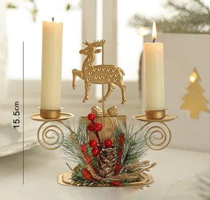 Christmas Candle Holder | Santa Claus & Elk Design | Golden Iron Candlestick