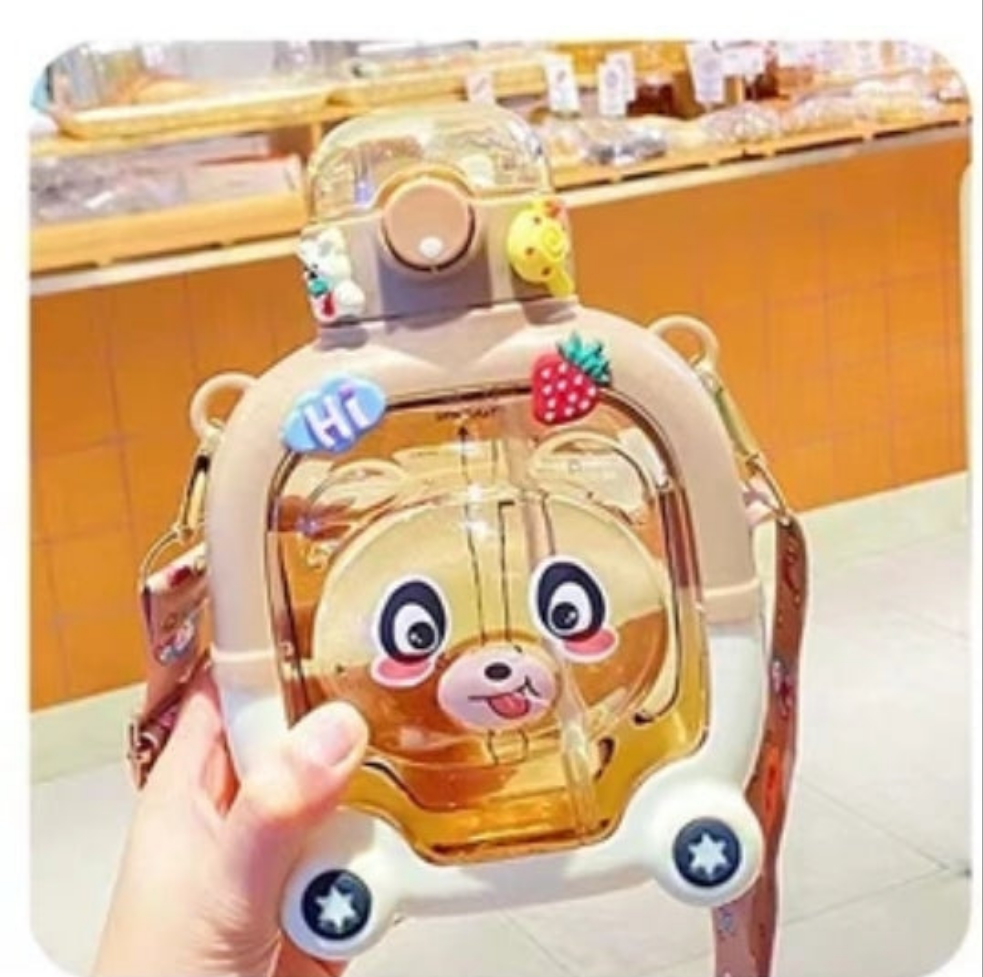 1000ML Cartoon Teddy Bear Water Bottle with Straw and Strap  Cute Kids Water Bottle for Indoor & Outdoor Use