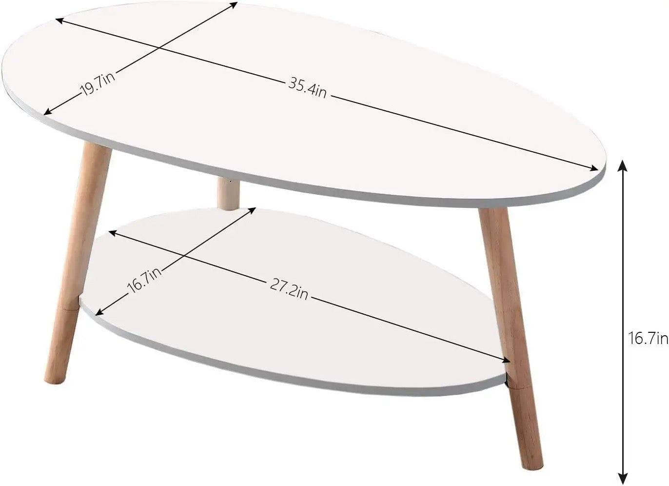 Modern Oval Coffee Table with Storage Shelf | White MDF Top and Natural Wooden Legs