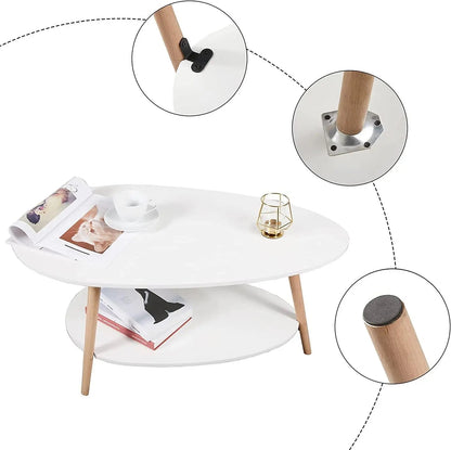 Modern Oval Coffee Table with Storage Shelf | White MDF Top and Natural Wooden Legs