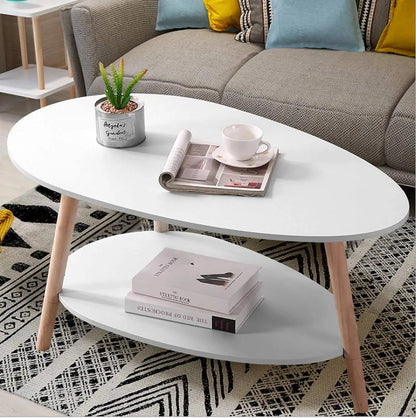 Modern Oval Coffee Table with Storage Shelf | White MDF Top and Natural Wooden Legs