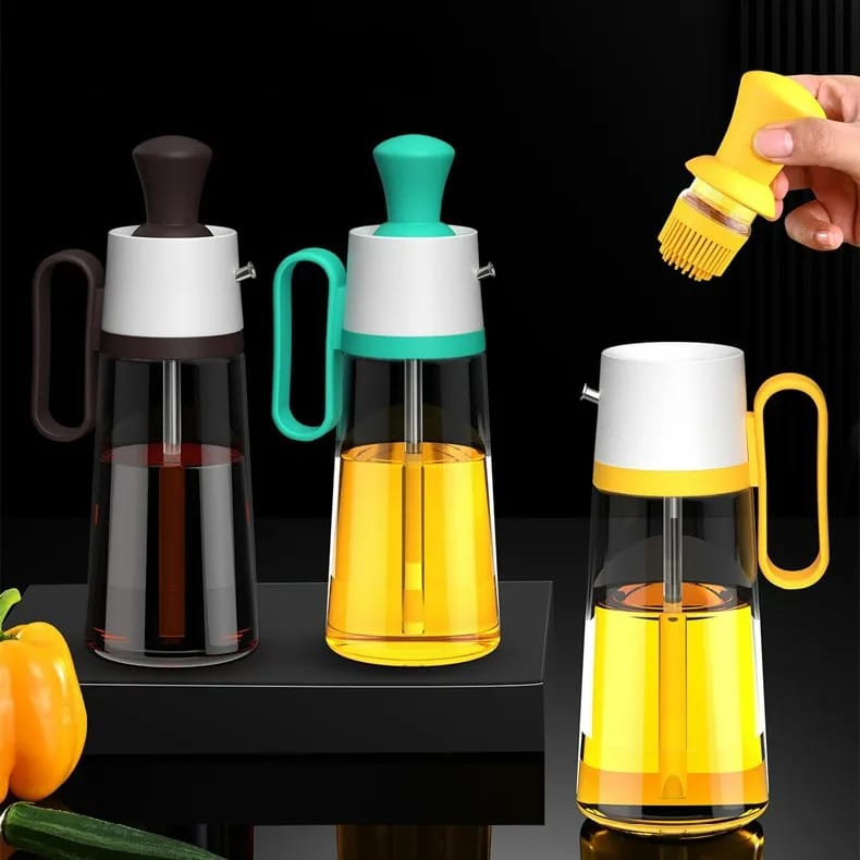 Transparent Glass Oil Dispenser with Silicone BBQ Brush – 630ml Multifunctional Kitchen Tool (Yellow, Green, Brown)