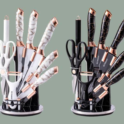 9Pc Marble Knife Set 5 Knives, Kitchen Fork, Scissors, Potato Peeler, and Stand (Black, White)