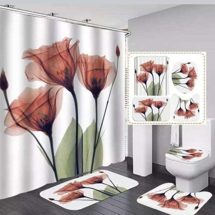 4 Pcs Set Bathroom Shower Curtain – Waterproof 3D Print, Includes Bath Mat, U-Shape Mat, and Toilet Lid Cover (180x180cm Curtain)