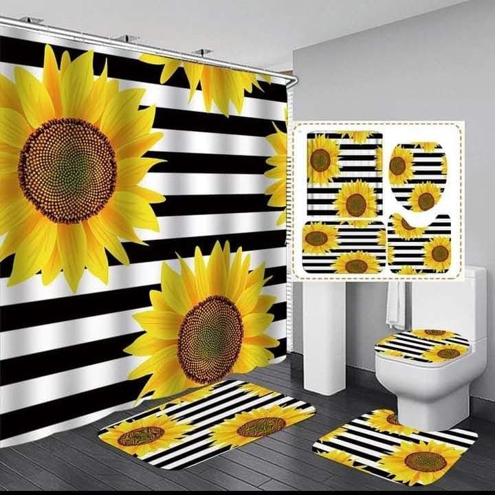 4 Pcs Set Bathroom Shower Curtain – Waterproof 3D Print, Includes Bath Mat, U-Shape Mat, and Toilet Lid Cover (180x180cm Curtain)