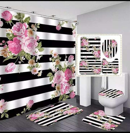 4 Pcs Set Bathroom Shower Curtain – Waterproof 3D Print, Includes Bath Mat, U-Shape Mat, and Toilet Lid Cover (180x180cm Curtain)