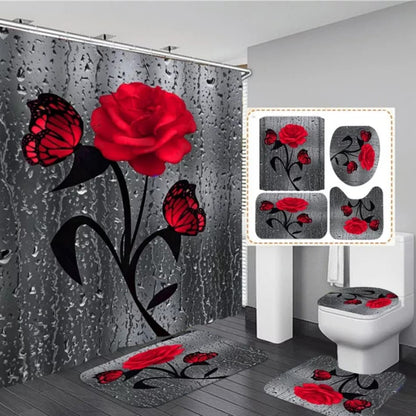 4 Pcs Set Bathroom Shower Curtain – Waterproof 3D Print, Includes Bath Mat, U-Shape Mat, and Toilet Lid Cover (180x180cm Curtain)