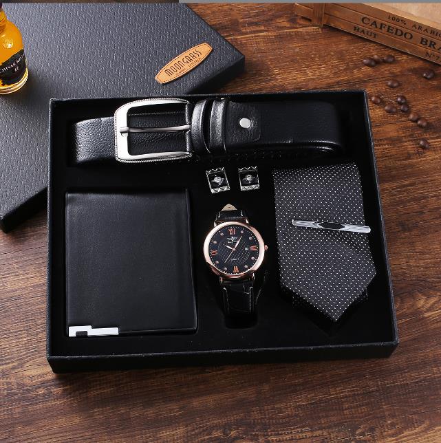 5 in 1 Fashion Men's Gift Set / Business Style Set with Watch, Tie, Wallet, Belt, and Cufflinks (Black)