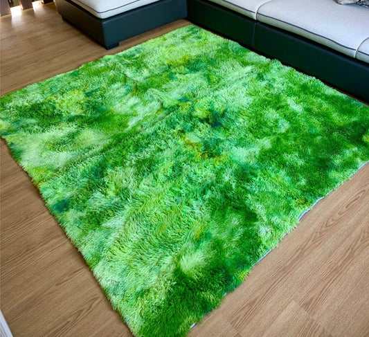 Fluffy Patched Carpet 5 x 8 Feet | Soft Green Area Rug for Cozy Interiors