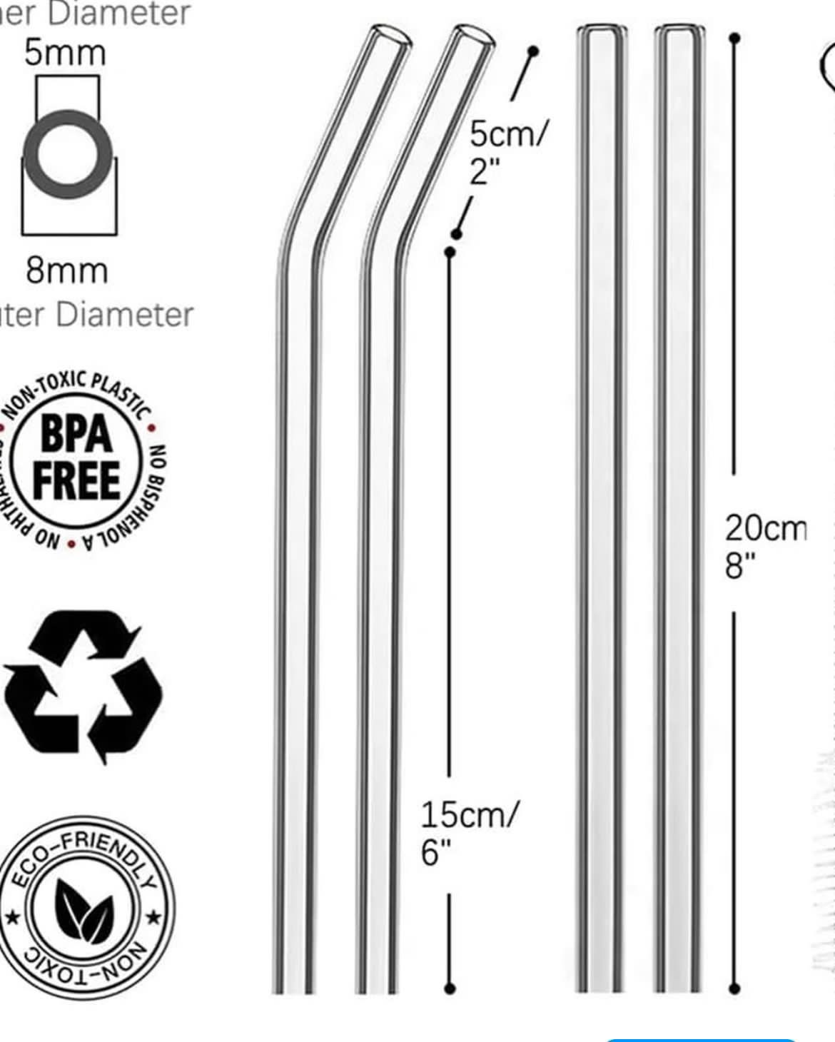 4 Pcs Reusable Glass Straws – 8mm Straight & Bent Eco-Friendly Drinking Straws for Beverages, Milk, Coffee, and Cocktails