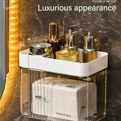 Luxury Gold Plated Wall Mounted Tissue Box Waterproof, Punch-Free, with Storage Tray