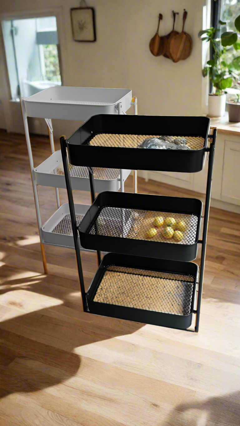 3 Tier Multifunction Storage Trolley | Movable, Foldable, and Space Saving (White & Black)