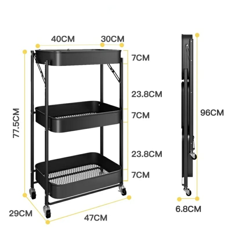 3 Tier Multifunction Storage Trolley | Movable, Foldable, and Space Saving (White & Black)