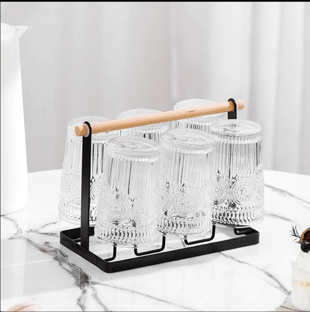 Metallic Glass/Cup Holder with Bamboo Base and Draining Tray – Stylish and Functional