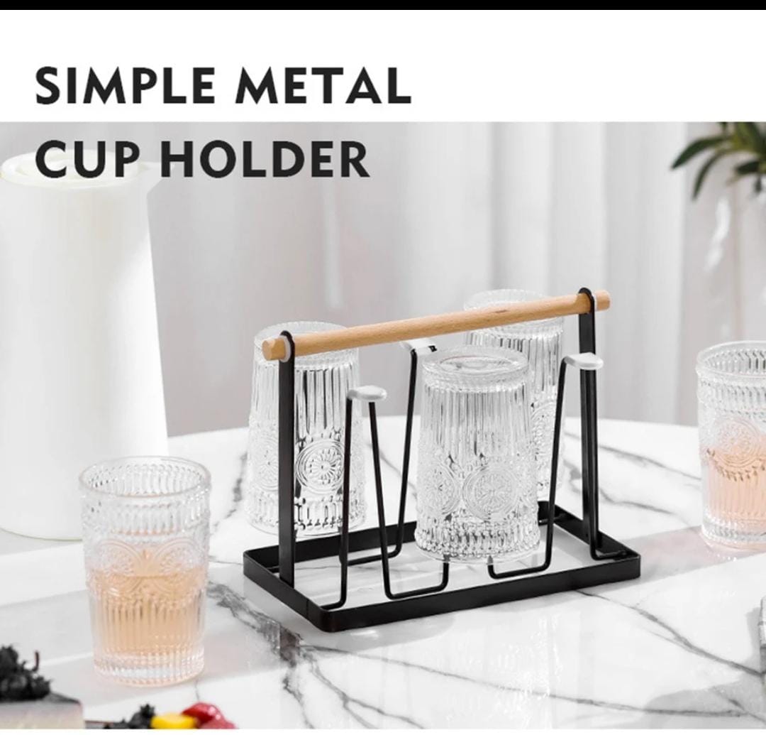 Metallic Glass/Cup Holder with Bamboo Base and Draining Tray – Stylish and Functional