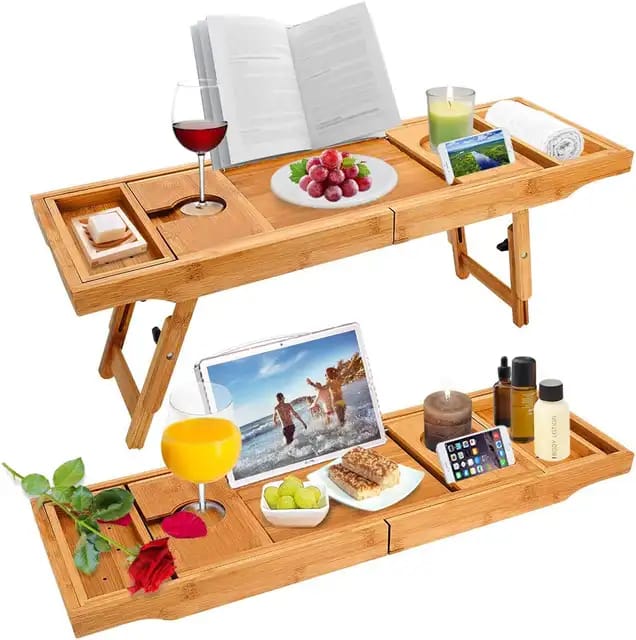 Expandable Bamboo Bathtub Caddy Tray | Breakfast Bed Table  Multi Function with Stands and Slots