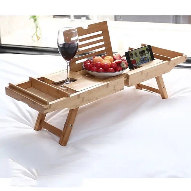 Expandable Bamboo Bathtub Caddy Tray | Breakfast Bed Table  Multi Function with Stands and Slots