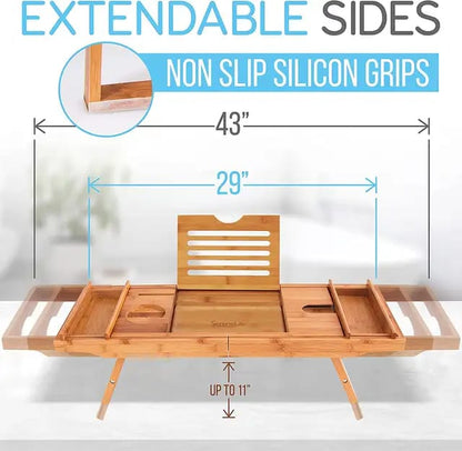 Expandable Bamboo Bathtub Caddy Tray | Breakfast Bed Table  Multi Function with Stands and Slots