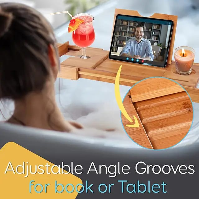 Expandable Bamboo Bathtub Caddy Tray | Breakfast Bed Table  Multi Function with Stands and Slots