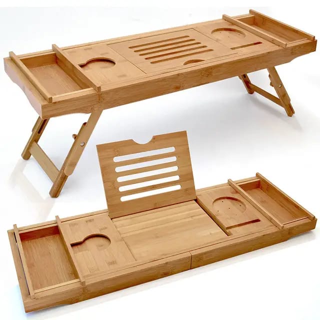 Expandable Bamboo Bathtub Caddy Tray | Breakfast Bed Table  Multi Function with Stands and Slots