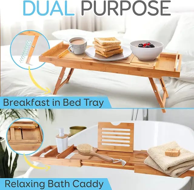 Expandable Bamboo Bathtub Caddy Tray | Breakfast Bed Table  Multi Function with Stands and Slots