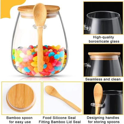 Glass Spice|Storage Canister with Wooden Spoon Airtight Lid, BPA-Free Glass, Bamboo Wood Scoop