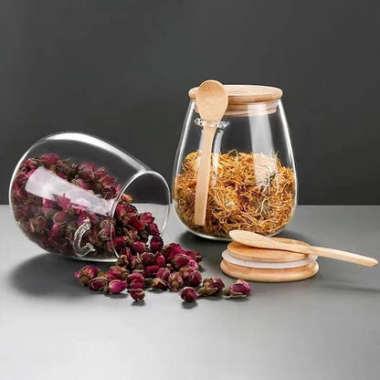 Glass Spice|Storage Canister with Wooden Spoon Airtight Lid, BPA-Free Glass, Bamboo Wood Scoop