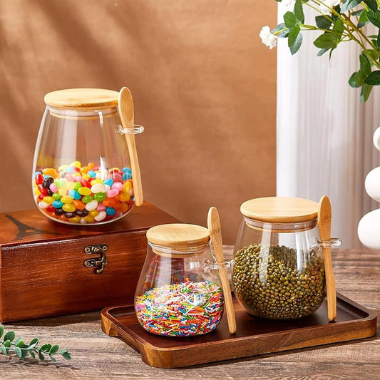 Glass Spice|Storage Canister with Wooden Spoon Airtight Lid, BPA-Free Glass, Bamboo Wood Scoop