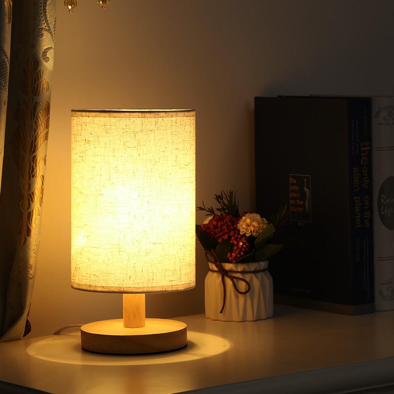 Bedside Table Lamp | 3 Color Remote Control Night Lamp with USB Charging, Linen & Solid Wood Design