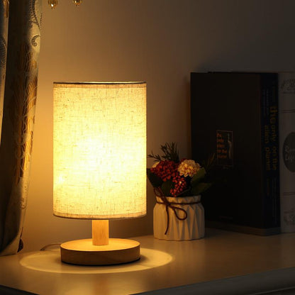 Bedside Table Lamp | 3 Color Remote Control Night Lamp with USB Charging, Linen & Solid Wood Design