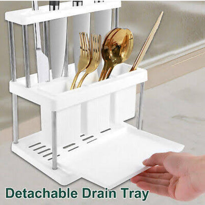 Kitchen Cutlery Holder  Multifunctional Utensil Storage Rack for Spoons, Forks, Knives (25x23x16cm, White|Green with Gold Stand)