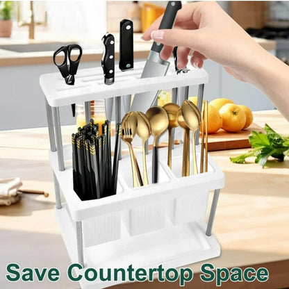 Kitchen Cutlery Holder  Multifunctional Utensil Storage Rack for Spoons, Forks, Knives (25x23x16cm, White|Green with Gold Stand)