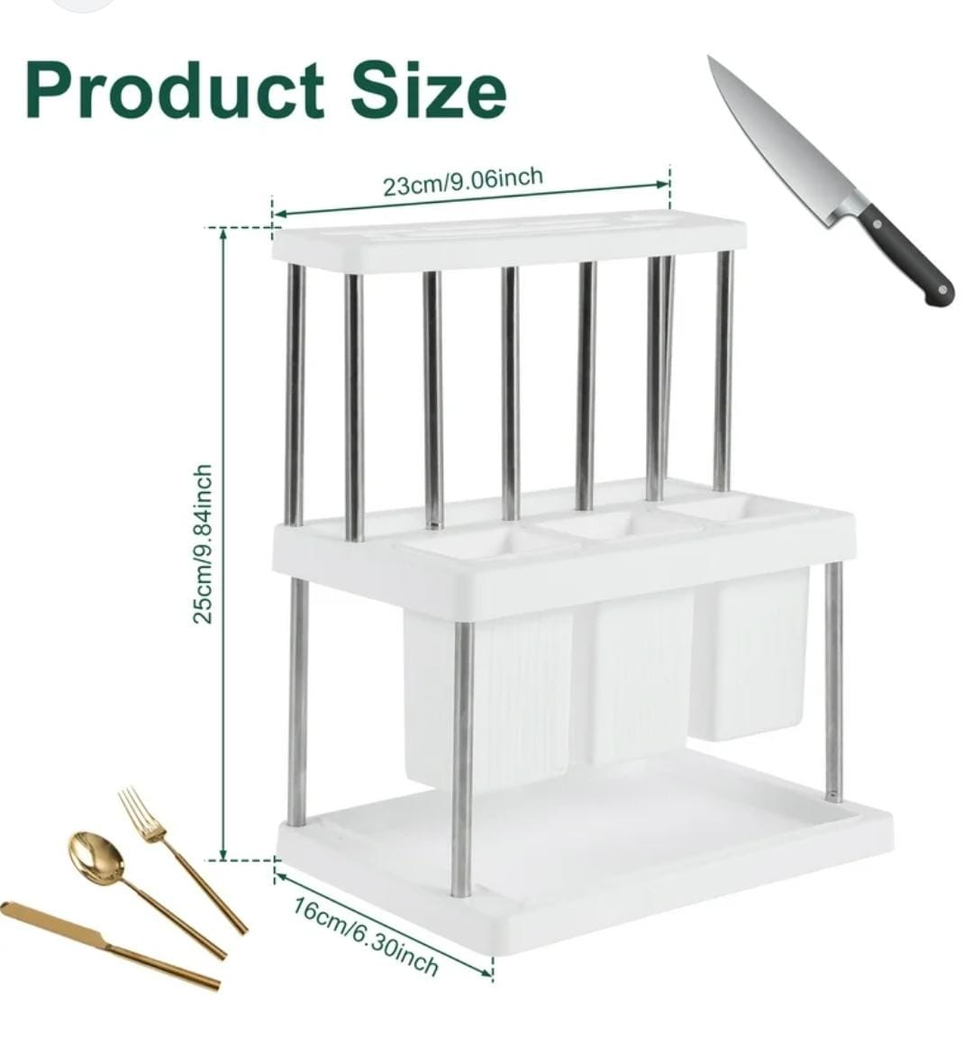 Kitchen Cutlery Holder  Multifunctional Utensil Storage Rack for Spoons, Forks, Knives (25x23x16cm, White|Green with Gold Stand)