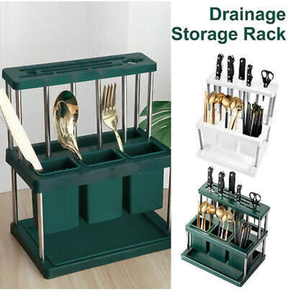 Kitchen Cutlery Holder  Multifunctional Utensil Storage Rack for Spoons, Forks, Knives (25x23x16cm, White|Green with Gold Stand)