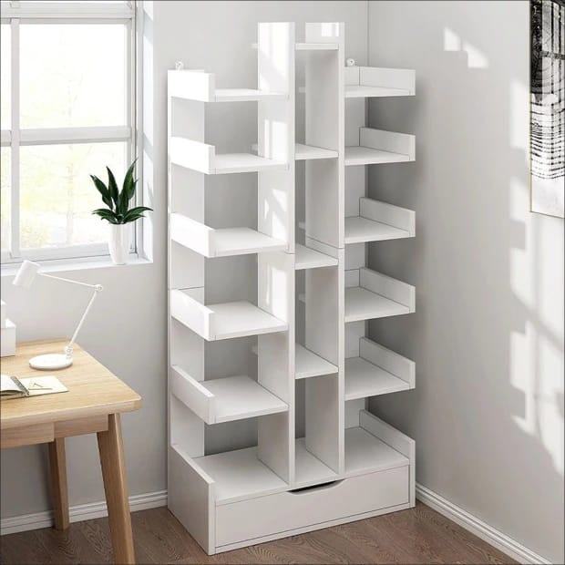 Large Storage Capacity Multipurpose Bookshelf | Bamboo, White | 169x51x19 cm