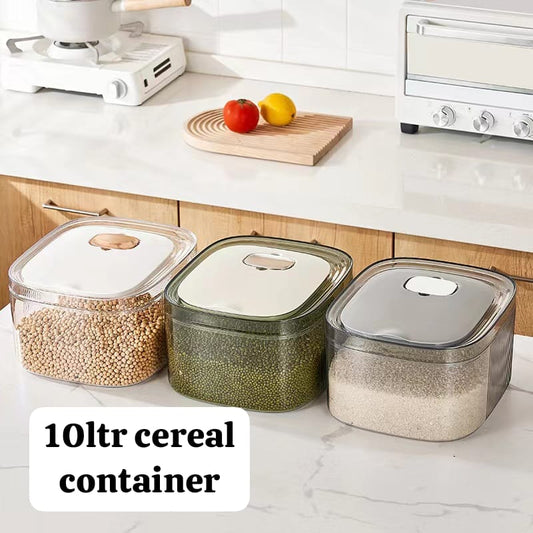 10L Artistic Plastic Rice & Cereal Container | Stackable Food Storage | Clear, Brown & Green