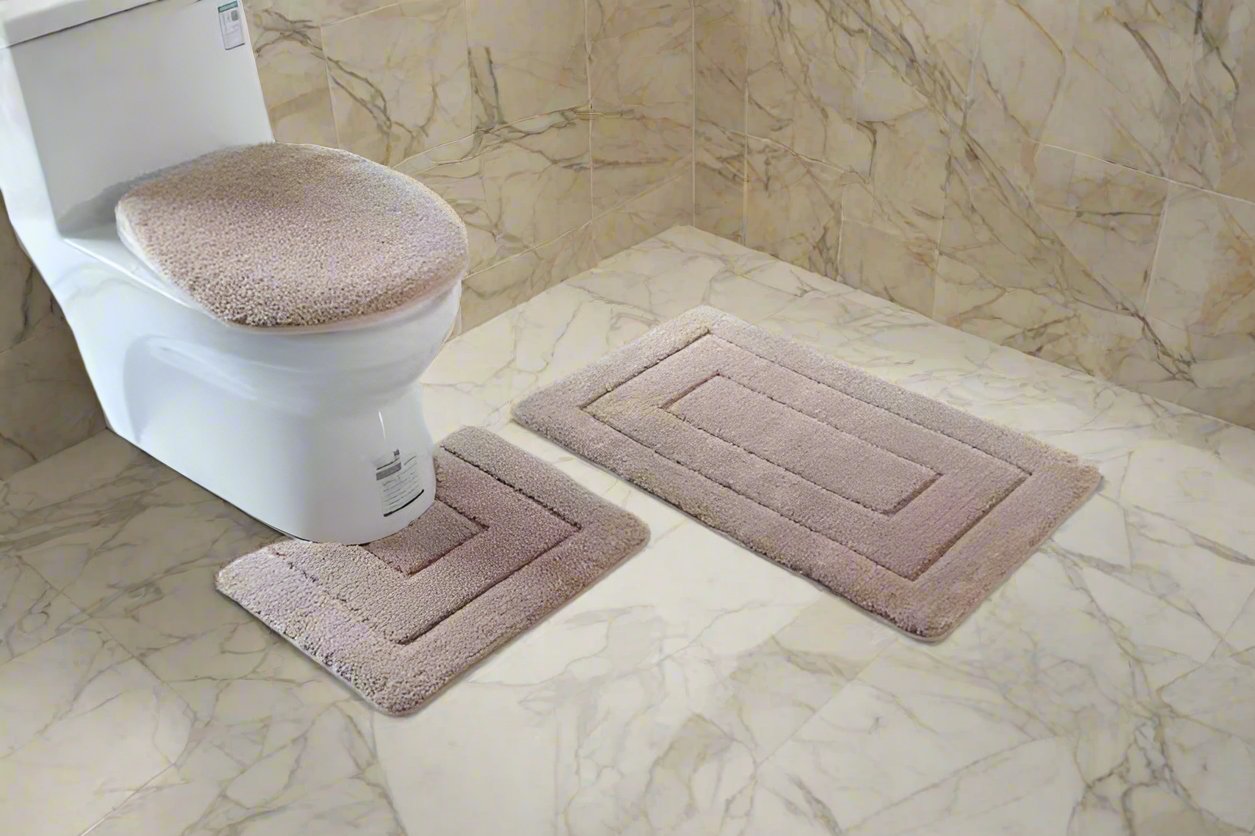 3 Piece Flocking Toilet Set | Includes Big Mat, Toilet Lid Cover, and Contoured Floor Mat | Decorative and Functional Bathroom Accessories