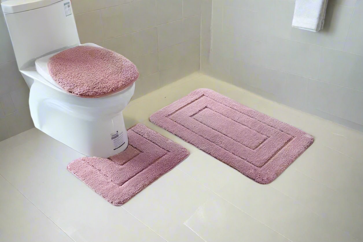 3 Piece Flocking Toilet Set | Includes Big Mat, Toilet Lid Cover, and Contoured Floor Mat | Decorative and Functional Bathroom Accessories