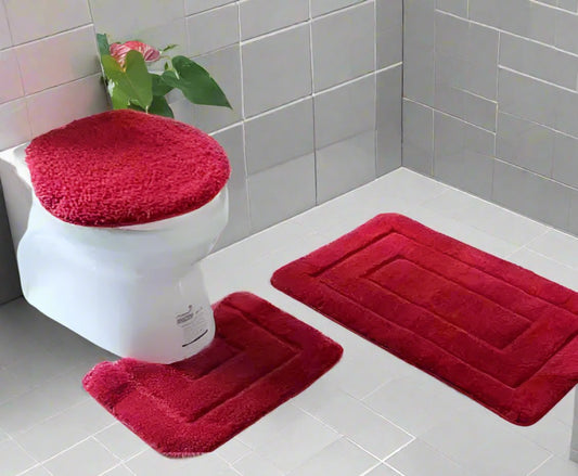 3 Piece Flocking Toilet Set | Includes Big Mat, Toilet Lid Cover, and Contoured Floor Mat | Decorative and Functional Bathroom Accessories